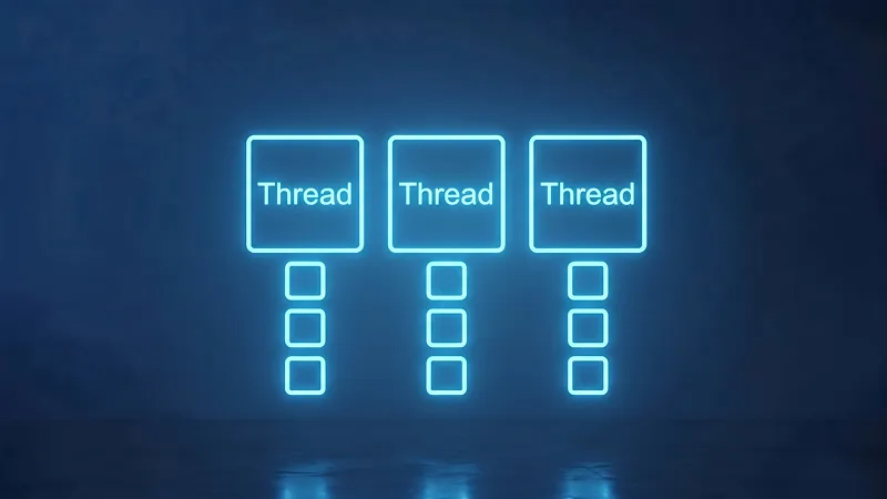 Três caixas de texto iluminadas em azul, representando threads em um contexto de processos computacionais.