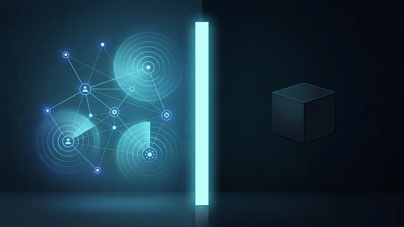 Conexões de rede iluminadas à esquerda contrastam com um cubo escuro à direita, simbolizando proteção invisível.
